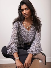 Mint Velvet Grey Geometric Print Ruffle Blouse - Image 1 of 8