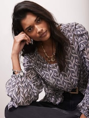 Mint Velvet Grey Geometric Print Ruffle Blouse - Image 3 of 8