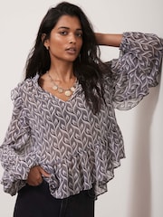 Mint Velvet Grey Geometric Print Ruffle Blouse - Image 4 of 8