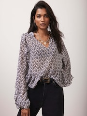 Mint Velvet Grey Geometric Print Ruffle Blouse - Image 5 of 8