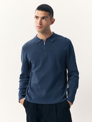 Blue Zip Neck Regular Fit Premium Long Sleeve Knit Polo Shirt - Image 1 of 7