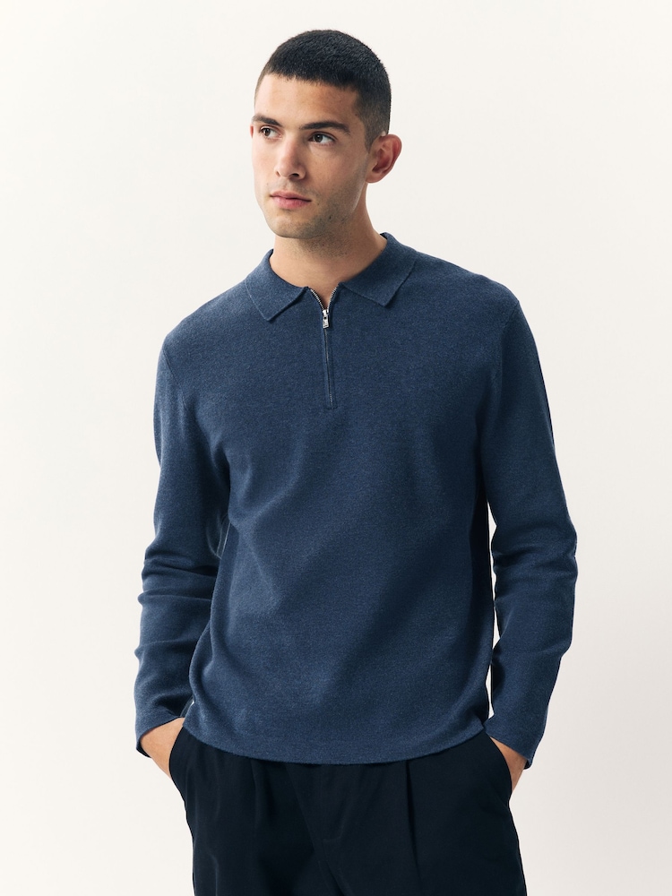 Blue Zip Neck Regular Fit Premium Mid Weight Long Sleeve Knit Polo Shirt - Image 1 of 7 Blue Zip Neck Regular Fit Premium Mid Weight Long Sleeve Knit Polo Shirt - Image 1 of 7