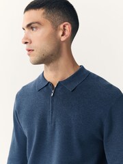 Blue Zip Neck Regular Fit Premium Long Sleeve Knit Polo Shirt - Image 2 of 7