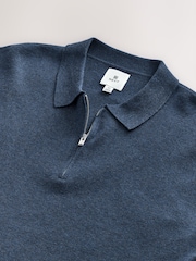 Blue Zip Neck Regular Fit Premium Long Sleeve Knit Polo Shirt - Image 7 of 7