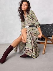 Green & Black Geometric Print Long Sleeve Midi Shirt Dress - Image 1 of 4