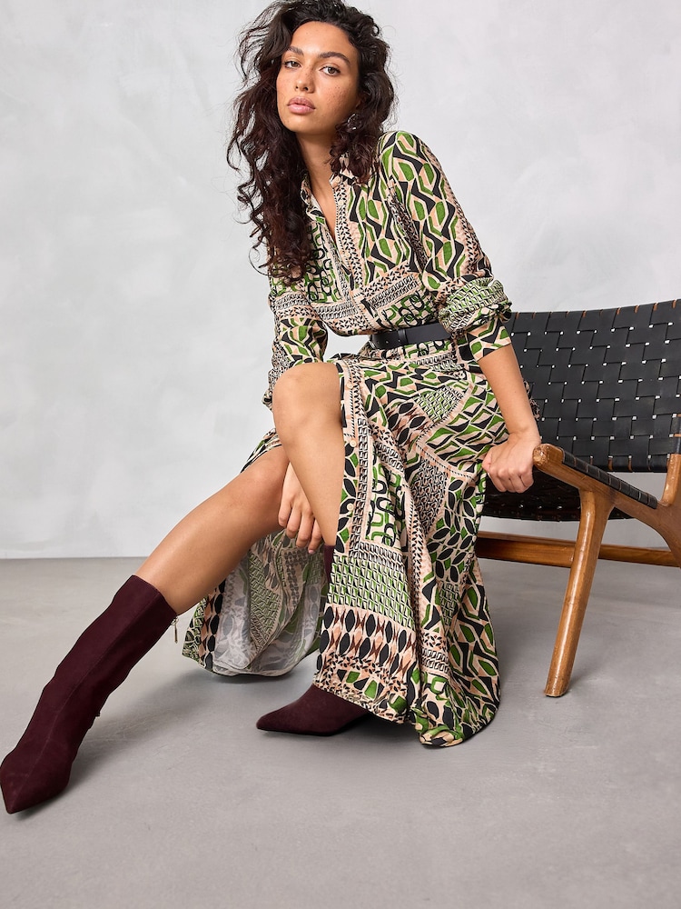 Green & Black Geometric Print Long Sleeve Midi Shirt Dress - Image 1 of 4 Green & Black Geometric Print Long Sleeve Midi Shirt Dress - Image 1 of 4
