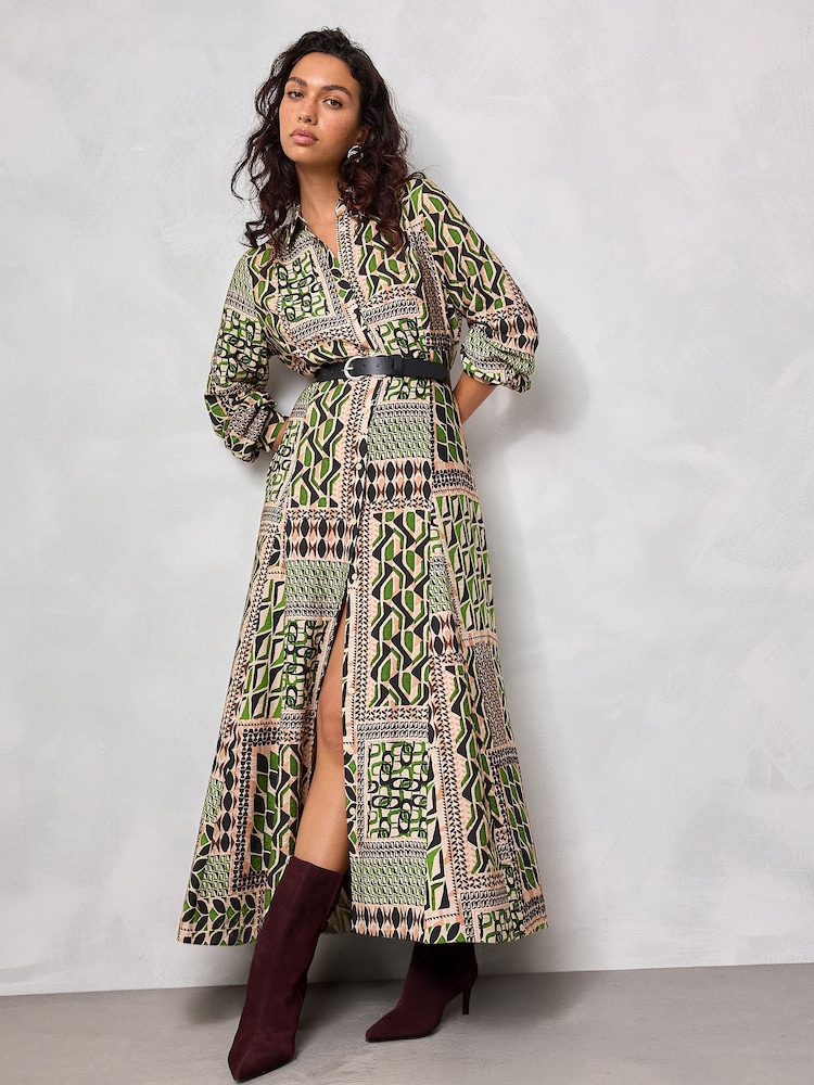 Green & Black Geometric Print Long Sleeve Midi Shirt Dress - Image 2 of 4 Green & Black Geometric Print Long Sleeve Midi Shirt Dress - Image 2 of 4