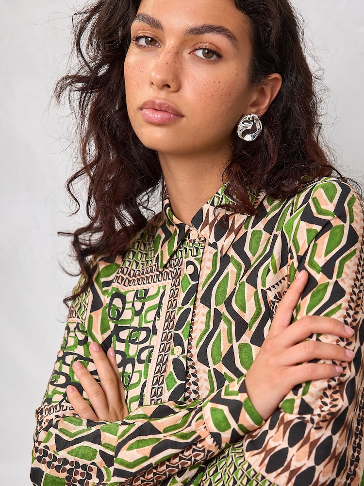 Green & Black Geometric Print Long Sleeve Midi Shirt Dress - Image 4 of 4 Green & Black Geometric Print Long Sleeve Midi Shirt Dress - Image 4 of 4