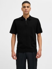 Schwarz - JACK & JONES Grey Knitted Quarter Zip Polo Shirt - Bild 2 von 7