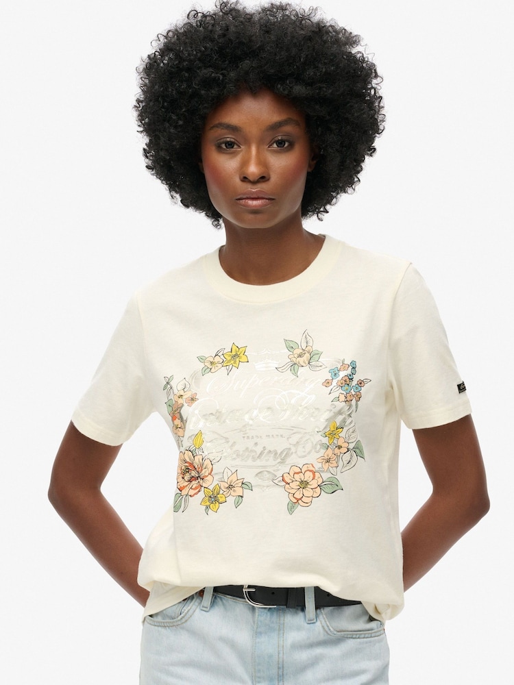 Superdry Cream 100% Cotton Floral Graphic Relaxed T-Shirt - Image 1 of 3