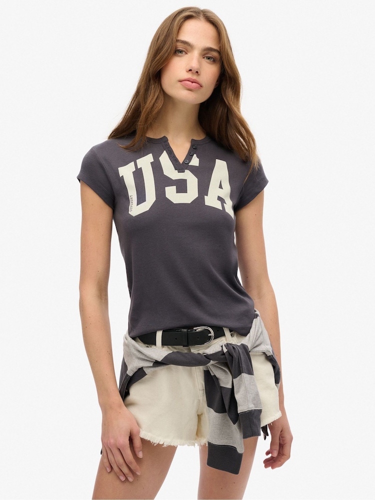 Superdry Grey 100% Cotton Athletic Essentials Notch Neck Graphic T-Shirt - Image 1 of 3 Superdry Grey 100% Cotton Athletic Essentials Notch Neck Graphic T-Shirt - Image 1 of 3