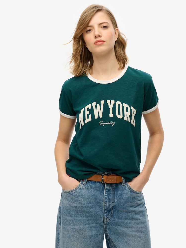 Superdry Green 100% Cotton Athletic Essential Ringer Fitted T-Shirt - Image 1 of 3