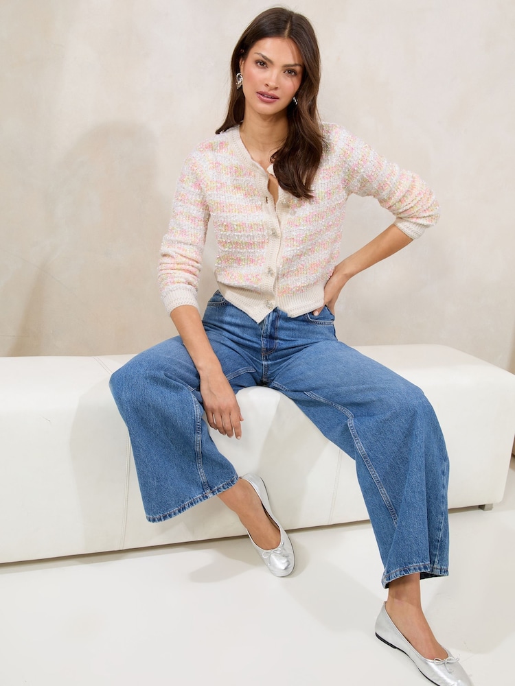 Lipsy Textured Rainbow Stripe Buttoned Crew Neck Knit Cardigan - Image 2 of 4 Lipsy Textured Rainbow Stripe Buttoned Crew Neck Knit Cardigan - Image 2 of 4