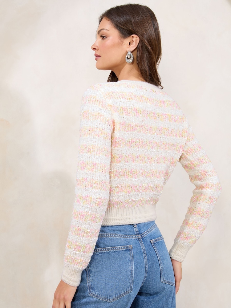 Lipsy Textured Rainbow Stripe Buttoned Crew Neck Knit Cardigan - Image 4 of 4 Lipsy Textured Rainbow Stripe Buttoned Crew Neck Knit Cardigan - Image 4 of 4