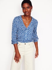 Boden Blue Poppy Ruffled Henley Top - Image 1 of 5