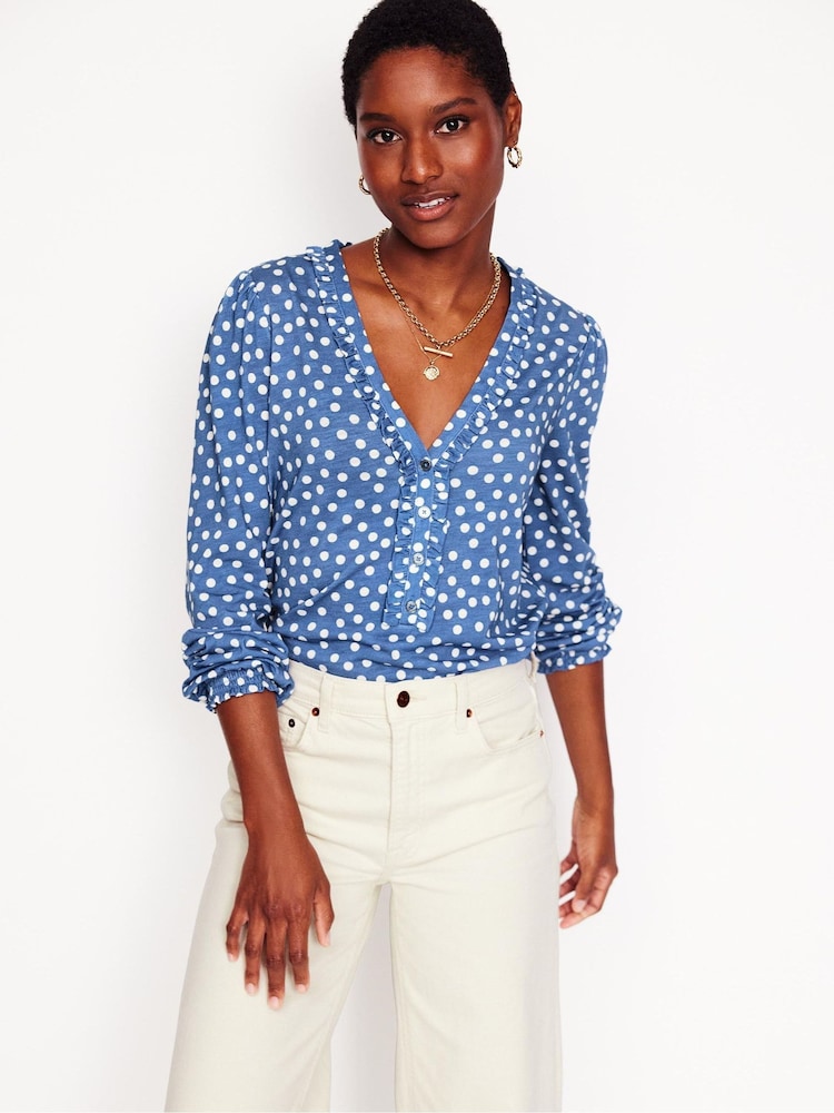 Boden Blue Poppy Ruffled Henley Top - Image 1 of 5