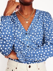 Boden Blue Poppy Ruffled Henley Top - Image 2 of 5