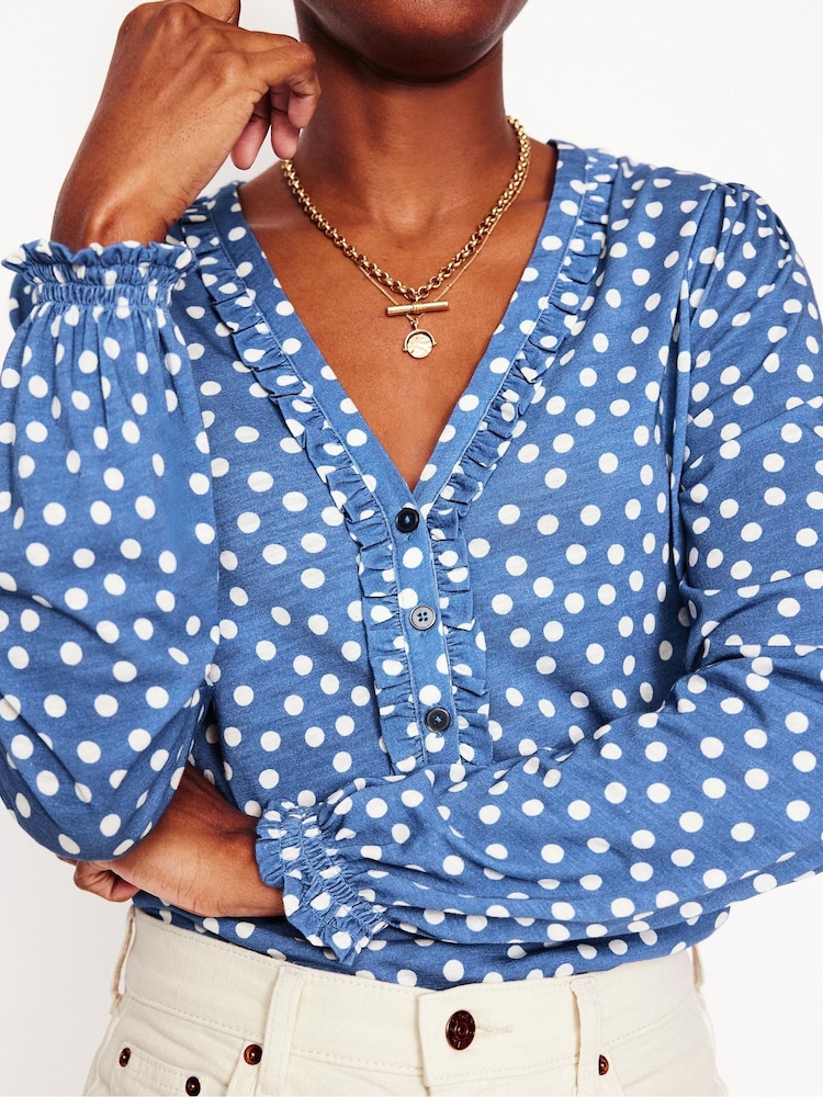 Boden Blue Poppy Ruffled Henley Top - Image 2 of 5
