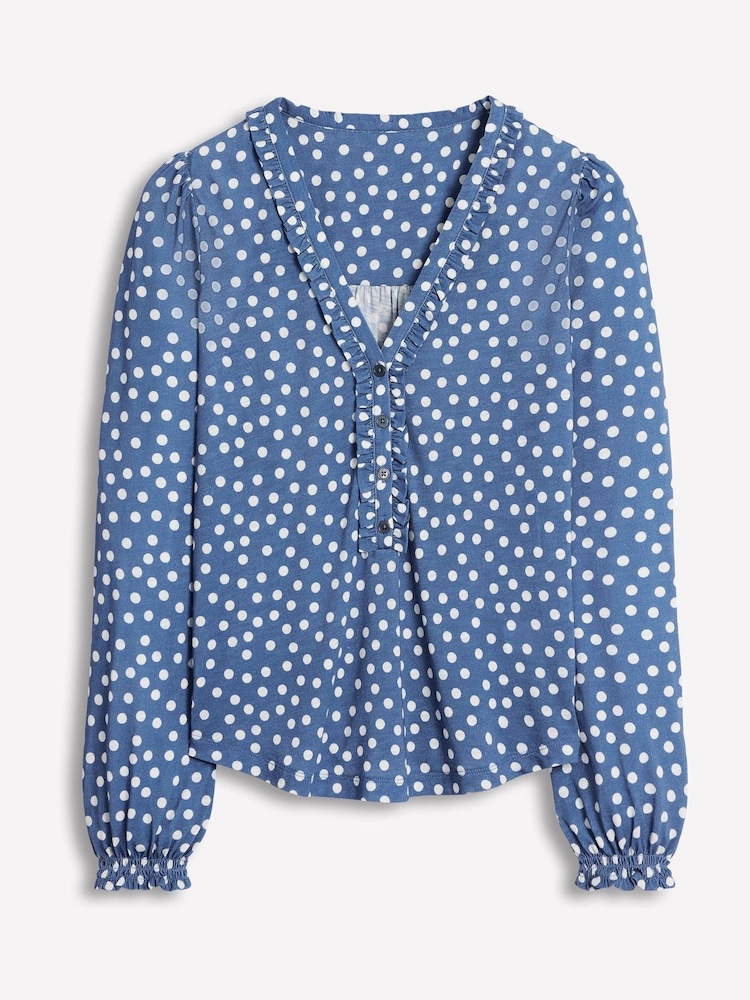 Boden Blue Poppy Ruffled Henley Top - Image 5 of 5