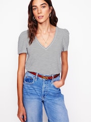 Boden Cream Short Sleeve V-Neck 100% Cotton T-Shirt - Image 4 of 5