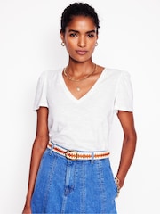 Boden White Short Sleeve V-Neck 100% Cotton T-Shirt - Image 1 of 6