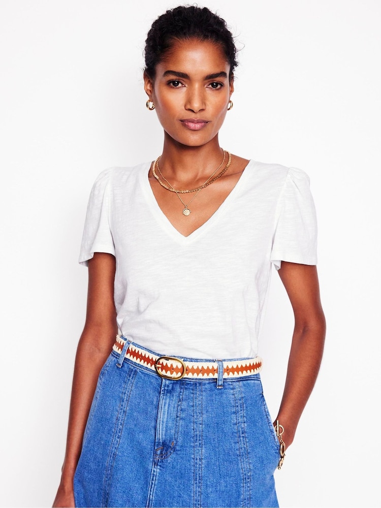 Boden White Short Sleeve V-Neck 100% Cotton T-Shirt - Image 1 of 6