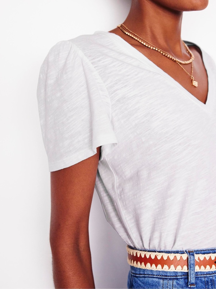 Boden White Short Sleeve V-Neck 100% Cotton T-Shirt - Image 2 of 6
