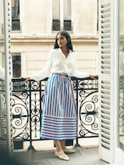 Boden Blue Tie Belt Sateen Midi Skirt - Image 1 of 6