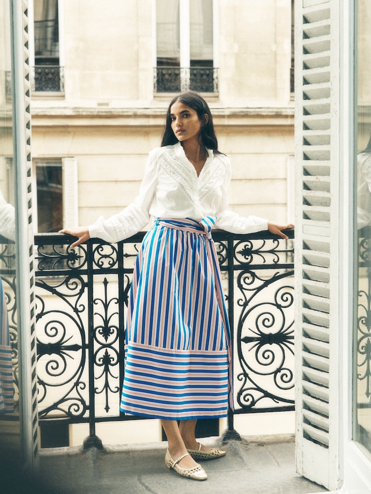 Boden Blue Tie Belt Sateen Midi Skirt - Image 1 of 6