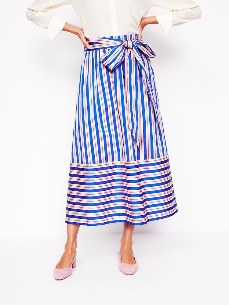 Boden Blue Tie Belt Sateen Midi Skirt - Image 2 of 6
