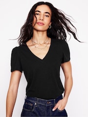 Boden Black Short Sleeve V-Neck 100% Cotton T-Shirt - Image 1 of 5