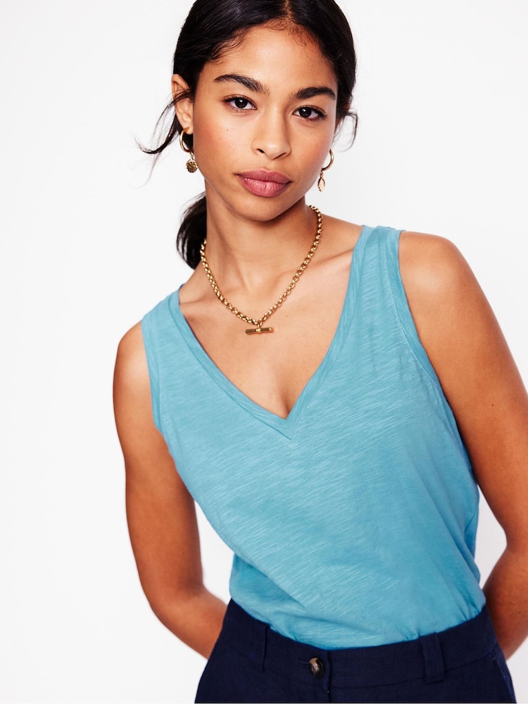 Boden Blue Regular V-Neck Slub 100% Cotton Vest - Image 1 of 5
