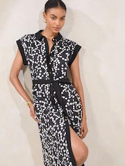 Lipsy Black/White Spot Printed Button Through Midi Shirt Dress - Image 1 of 4
