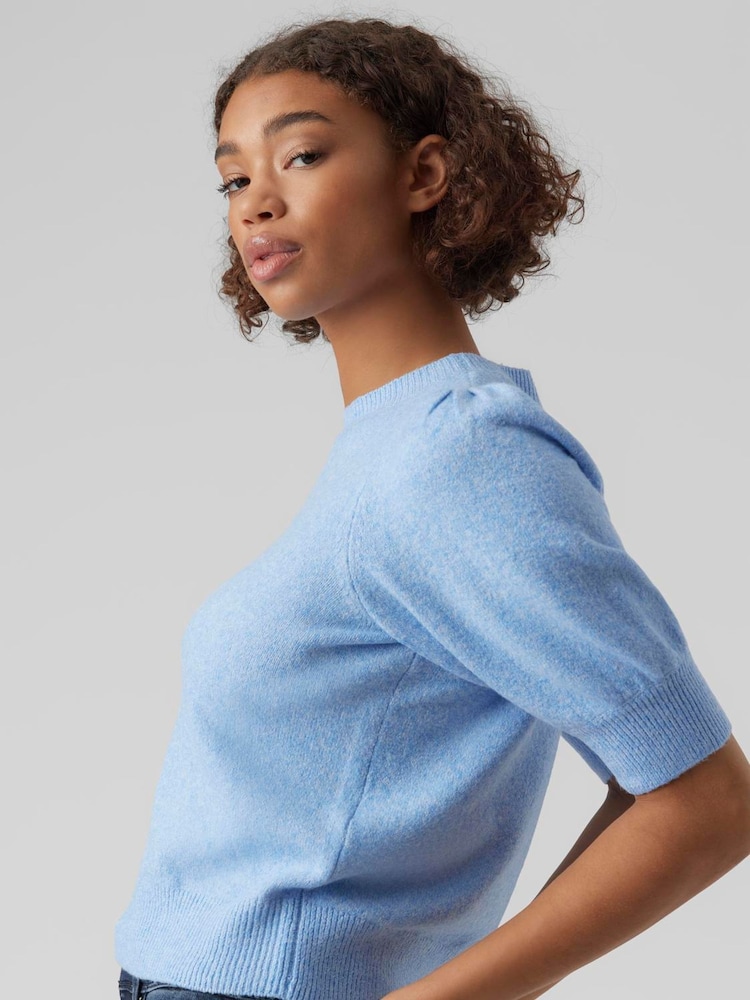 VERO MODA Blue Round Neck Puff Sleeve Knitted Jumper - Image 3 of 4