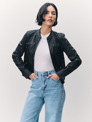 VERO MODA Black Collarless Faux Leather Jacket - Image 1 of 8