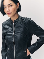 VERO MODA Black Collarless Faux Leather Jacket - Image 6 of 8
