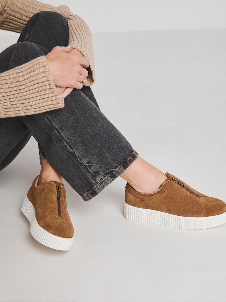 JD Williams Natural Extra Wide Fit Zip Up Leather Trainers In Wide Fit - Image 1 of 4