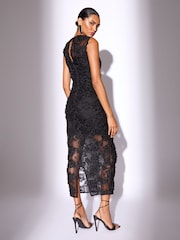 Lipsy Black Petite 3d Floral Mesh Midaxi Bodycon Dress - Image 4 of 4