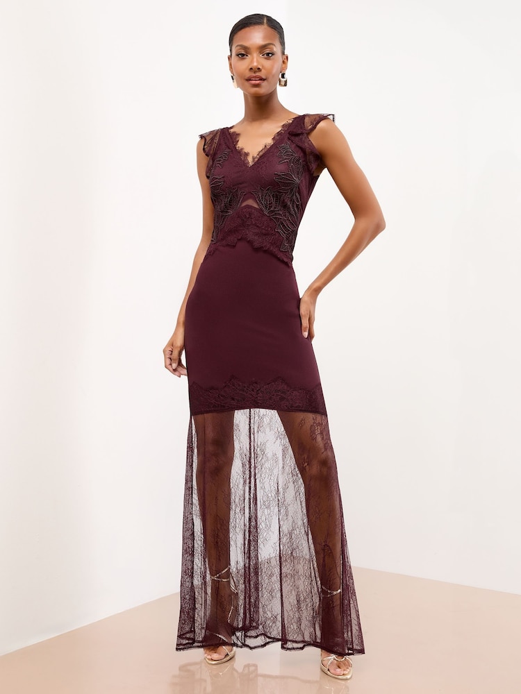 Lipsy Burgundy Red Petite Cami Mesh Lace Mix Hem Maxi Dress - Image 1 of 4