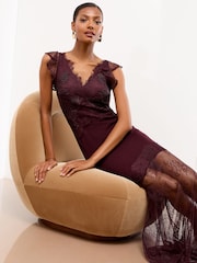 Lipsy Burgundy Red Petite Cami Mesh Lace Mix Hem Maxi Dress - Image 2 of 4