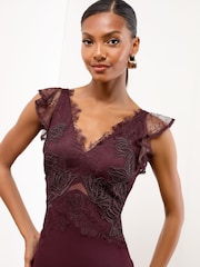 Lipsy Burgundy Red Petite Cami Mesh Lace Mix Hem Maxi Dress - Image 3 of 4