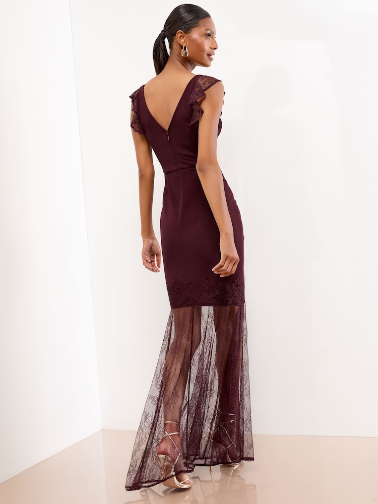 Lipsy Burgundy Red Petite Cami Mesh Lace Mix Hem Maxi Dress - Image 4 of 4