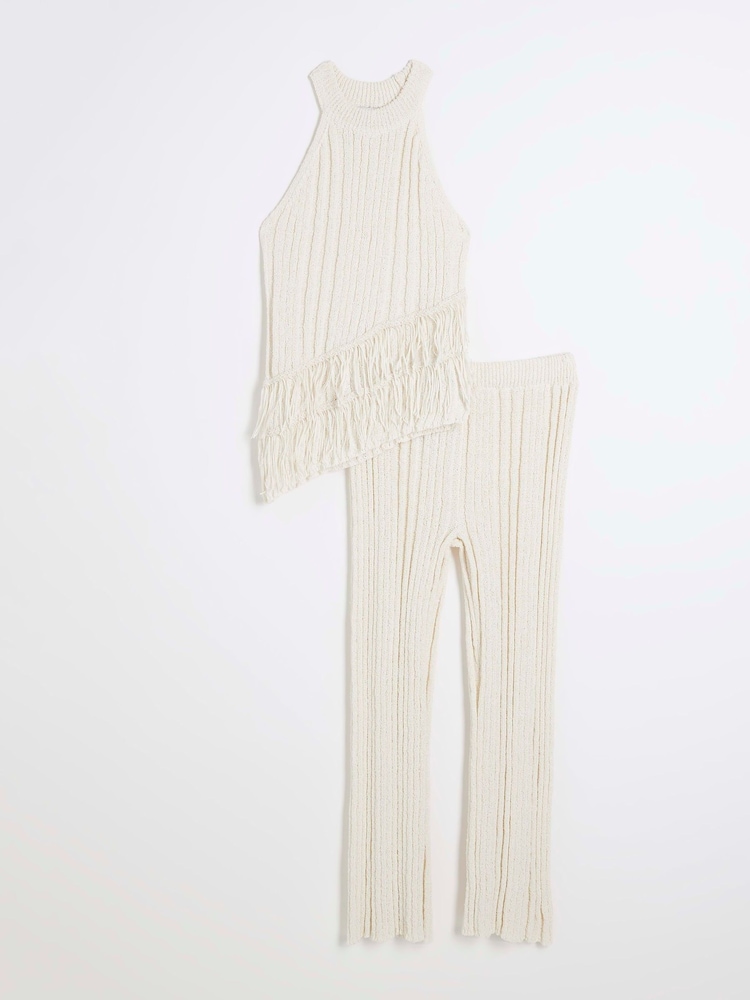River Island Cream Girls Asymmetrical Rib Fringe Set - Image 1 of 5