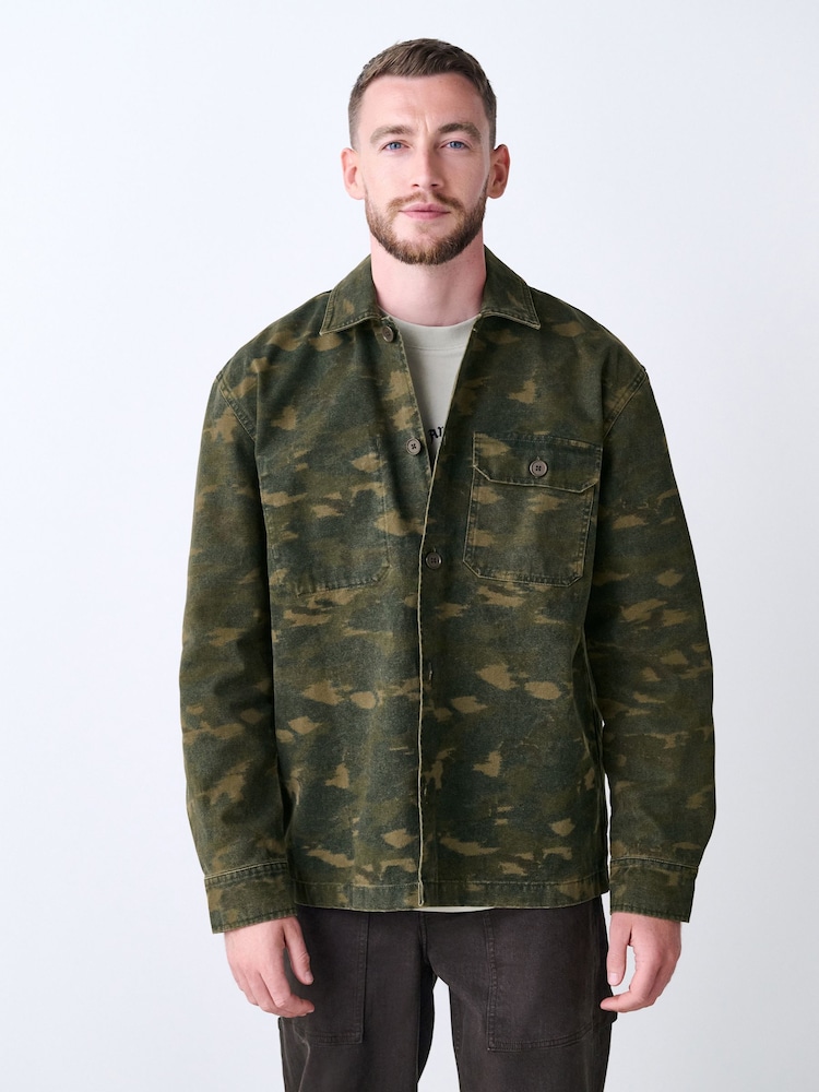 Green Camouflage Print Canvas Shacket - Image 1 of 8 Green Camouflage Print Canvas Shacket - Image 1 of 8