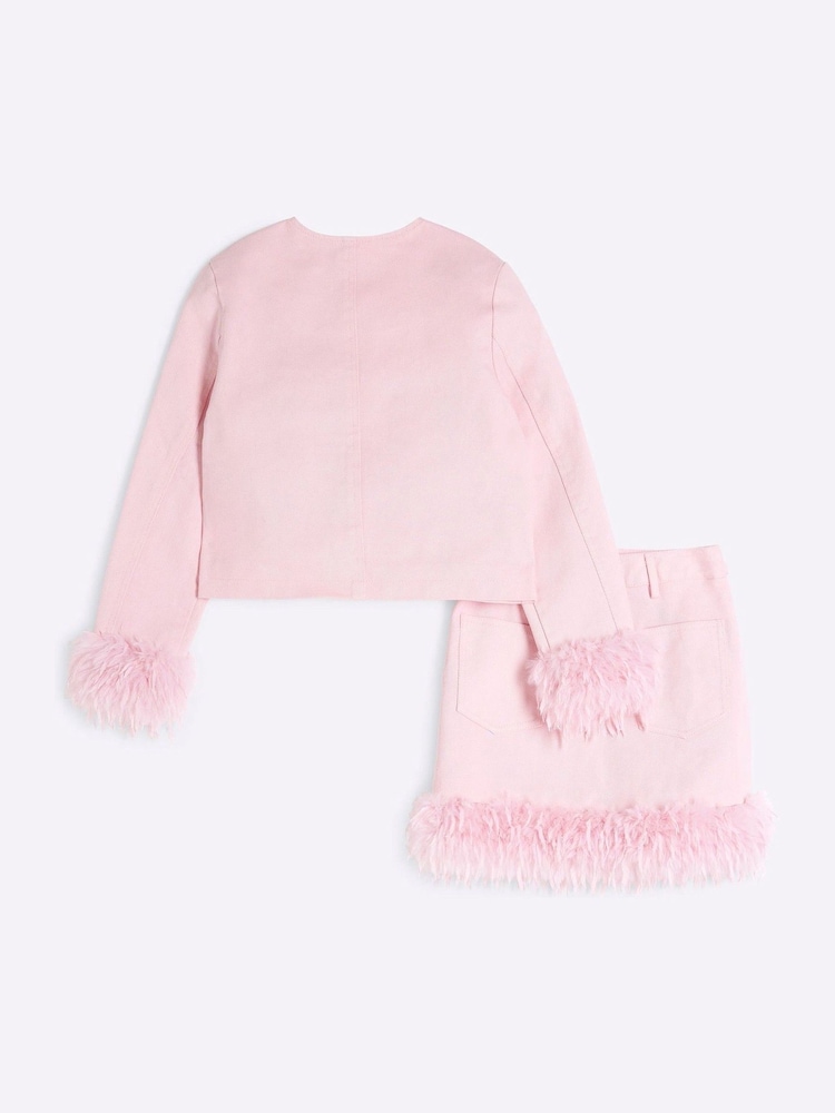 River Island Pink Girls Feather Denim Jacket Set - Image 2 of 5
