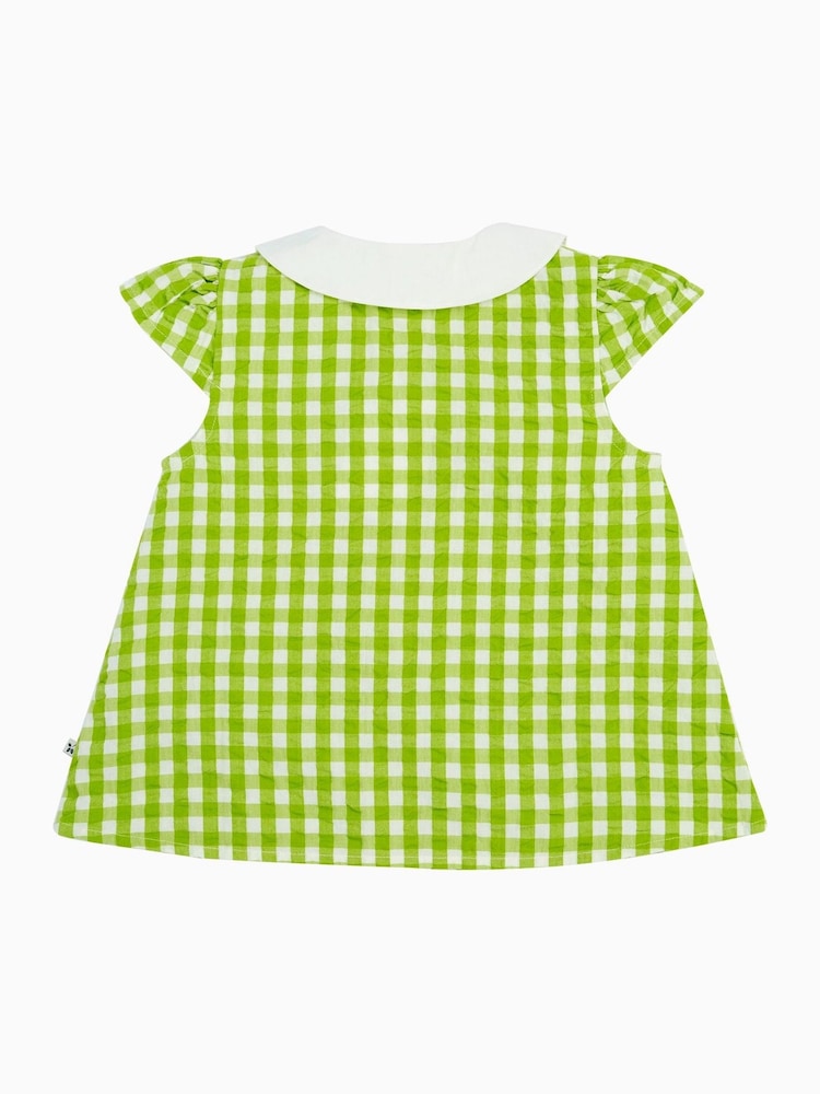 Zielona koszula Frugi w kratkę gingham z kwiatowym kołnierzem - Image 2 of 5