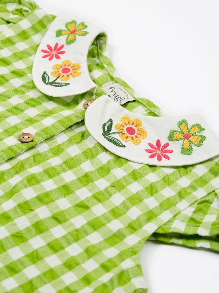 Zielona koszula Frugi w kratkę gingham z kwiatowym kołnierzem - Image 3 of 5