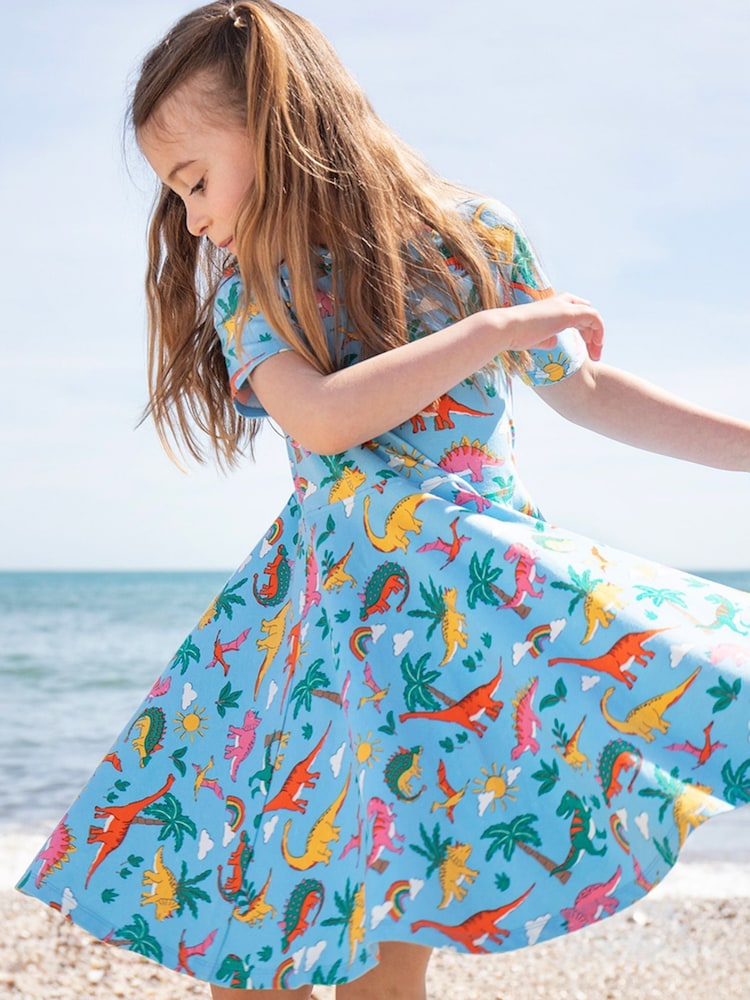 Frugi Blue Dinosaur Short-Sleeve Skater Dress - Image 1 of 5