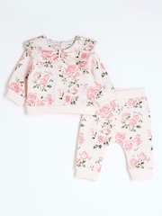 River Island Pink Baby Girls Rose Print Sweat Top & Joggers Set - Image 1 of 5