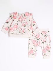 River Island Pink Baby Girls Rose Print Sweat Top & Joggers Set - Image 2 of 5